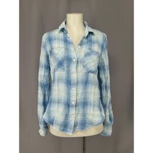 Bella Dahl Shirt Womens XS Blue Cotton Rayon Plaid Button Front Top Lightweight